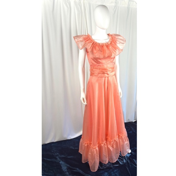 Vintage 1960’s 1970’s Custom Made Ruffled Collar Evening Gown in Orange • XS/S - Picture 2 of 10